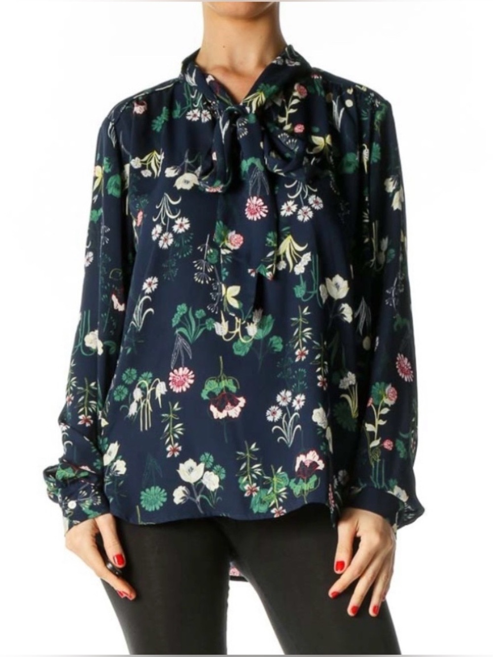 LOFT Floral Tie Neck Blouse Top Small Navy Blue Tunic Long Sleeve Career Office